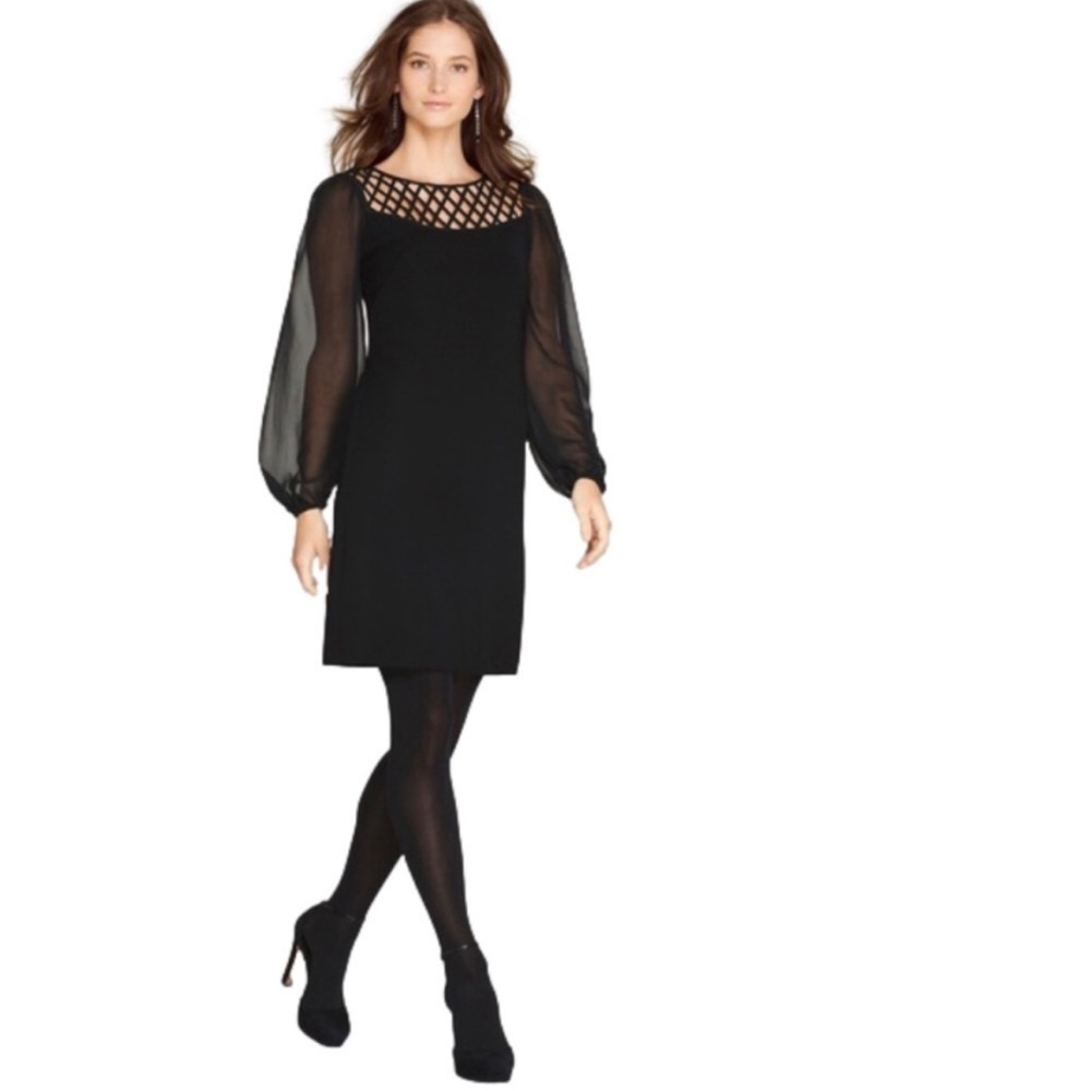 Whbm Lattice Yoke Black Shift Dress with Chiffon Sleeve.‎ Size 0